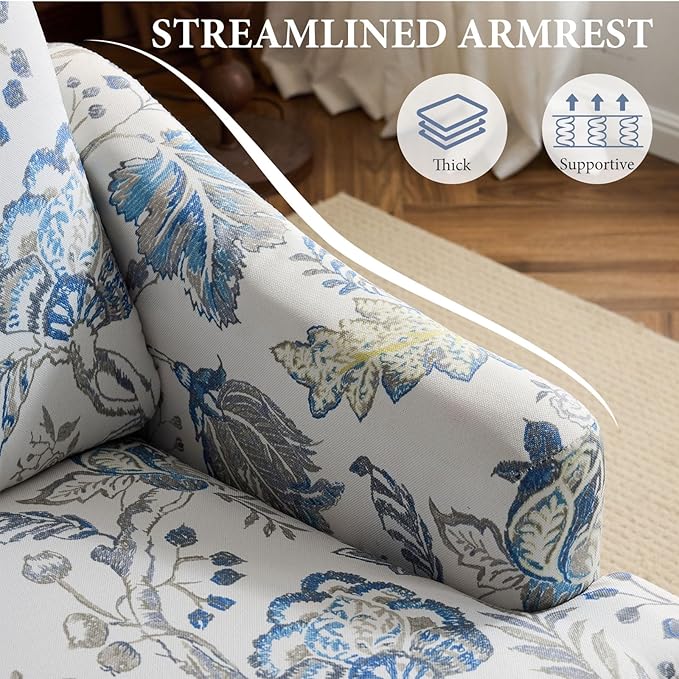 Bezseller Floral Accent Chair, Upholstered Reading Armchair with Wood Legs, Mid-Century Leisure Comfy Single Sofa Chair for Living Room, Bedroom, Home, Office, Blue Floral