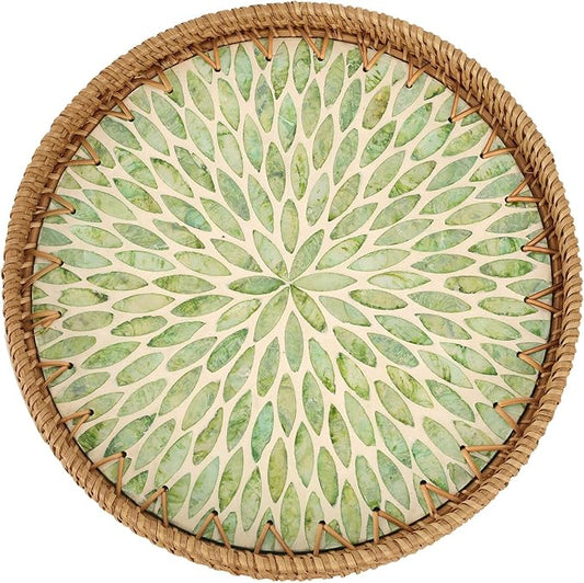 Round Rattan Tray with Mother of Pearl Inlay, Rattan Serving Tray for Coffee, Bread, Fruits, Decorative Wicker Tray for Table Decor, Home Decor, Kitchen Island Decor (Green Leaf, 11.8")