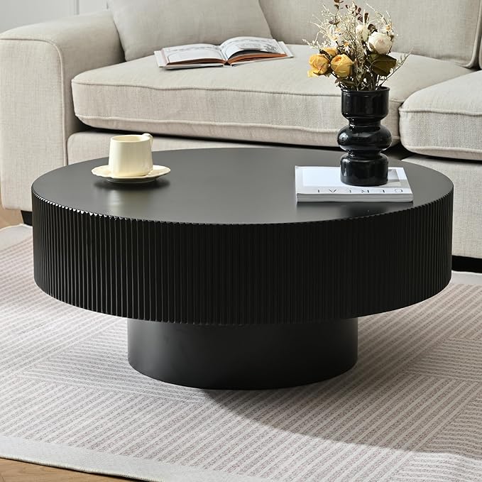 31.5 Inch Round Drum Coffee Table, Modern Handcraft Fluted Drum Coffee Table, Wooden Round Coffee Table Center Table Cocktail Table with Stable Pedestal for Living Room Apartment (Black)
