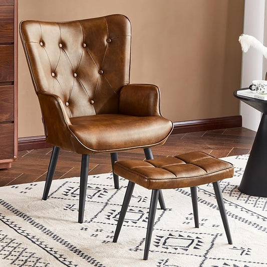 Furniliving PU Leather Accent Chair with Ottoman, Upholstered Reading Chair with High Backrest, Tufted-Button Wingback Armchair for Bedroom, Dressing Room, Home Office, Brown