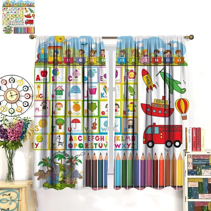 Alphabet Curtains，Numeration Table and Catoon Transportation Pattern Blackout Print Window Drapes for Kids Bedroom Living Room 72x63 Inch