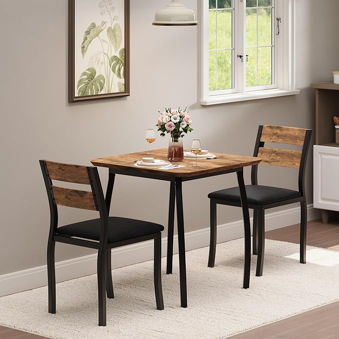 Small Dining Table Set for 2,3-Piece Kitchen Table Set with Thick Wood Grain Tabletop & 2 Upholstered Chairs & Metal Frame, Compact Table Set for Small Spaces, Kitchens & Dining Rooms (Brown)