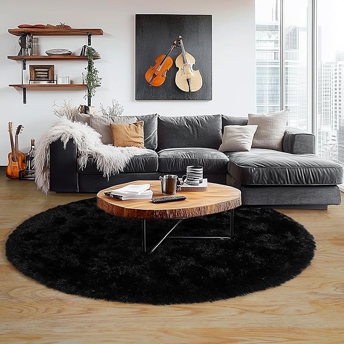 5'x5' Black Round Rug for Bedroom, Ultra Soft Fluffy Circle Rug for Kids Girls Boys Room, Cute Shag Rugs for Living Room Playroom Teen Room Home Decor Rug