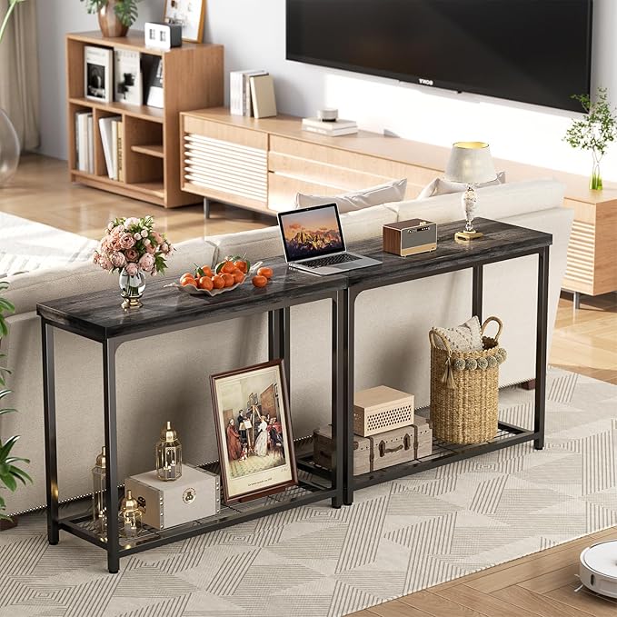 Console Table, Entryway Table, Sofa Table with Mesh Shelves, Console Tables for Living Room, Bedroom, Hallway, Entryway, Foyer (2 Tier, Oak Grey, 32 inch)