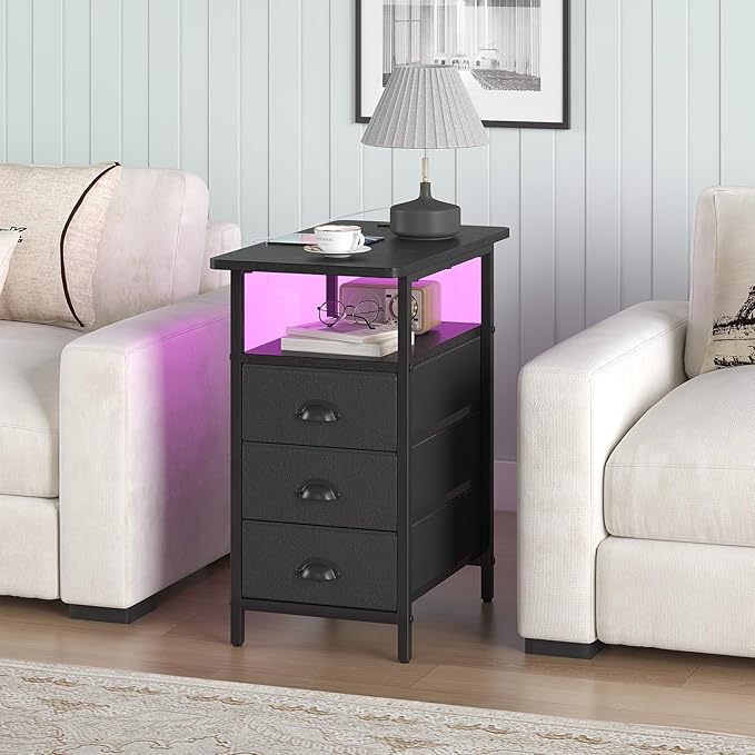 End Table with Charging Station,LED Side Tables with USB Ports and Outlets,Narrow Nightstands Bedside Tables with 3 Drawers PU Finish for Small Space,Slim Sofa Table for Livingroom,Black