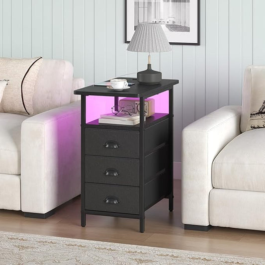 End Table with Charging Station,LED Side Tables with USB Ports and Outlets,Narrow Nightstands Bedside Tables with 3 Drawers PU Finish for Small Space,Slim Sofa Table for Livingroom,Black