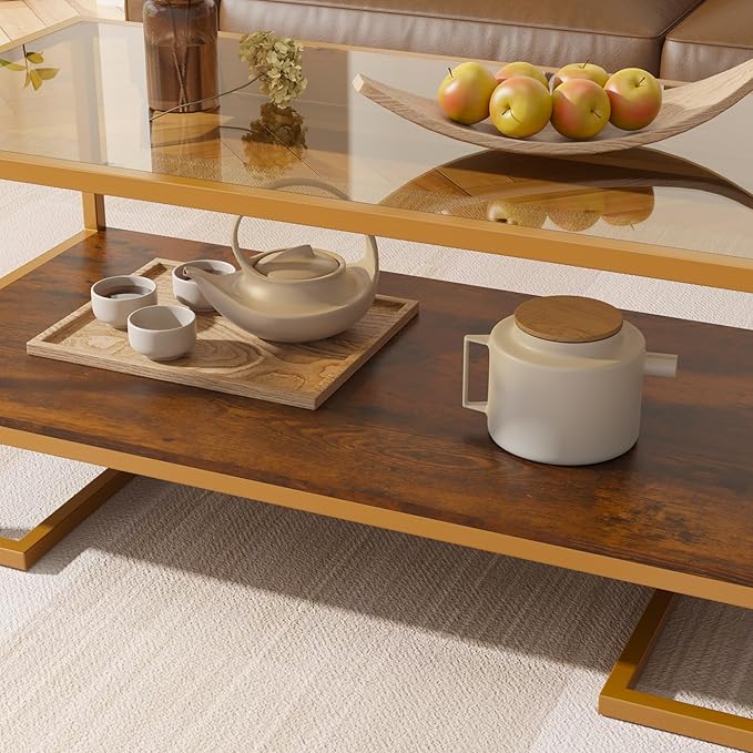 Coffee Table, 2 Tier Tempered Glass Coffee Table, Rectangle Modern Center Table with Metal Frame, Glass Accent Table Open Storage Shelf for Living Room, Office, Brown