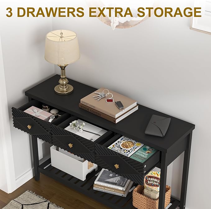 47" Console Table with 3 Drawers, Fluted Narrow Long Entryway Table with Storage Shelf, Accent Table for Entryway, Living Room, Behind Couch, Foyer, Hallway, Office