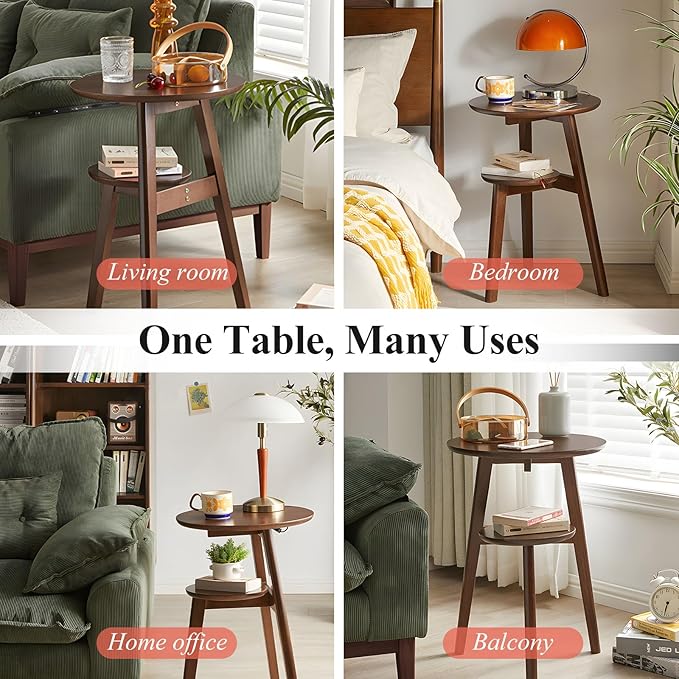 Side Table, 2-Tier Round End Tables Living Room, Mid Century Modern Side Table, Round Nightstand, Oak Accent Table, Small Round Coffee Table, 16.54" Dia.x 23.62" H(Walnut)