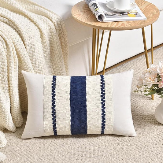 Fancy Homi Set of 2 Navy Blue Lumbar Decorative Throw Pillow Covers 12x24 Inch for Couch Bed Sofa Living Room, Aesthetic Modern Organic Farmhouse Home Decor, Soft Cotton Woven Textured Cushion Case