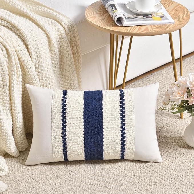 Fancy Homi Set of 2 Navy Blue Lumbar Decorative Throw Pillow Covers 12x20 Inch for Couch Bed Sofa Living Room, Aesthetic Modern Organic Farmhouse Home Decor, Soft Cotton Woven Textured Cushion Case