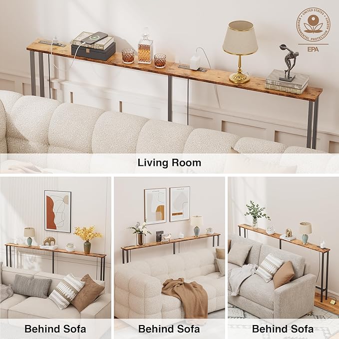 63" Sofa Table Narrow Long - 2 Power Outlets & 4 USB Ports, Metal Frame,Behind Couch Table Behind Sofa for Living Room, Hallway, Entrance- Easy Assembly, 4.9' Extension Cord Included.