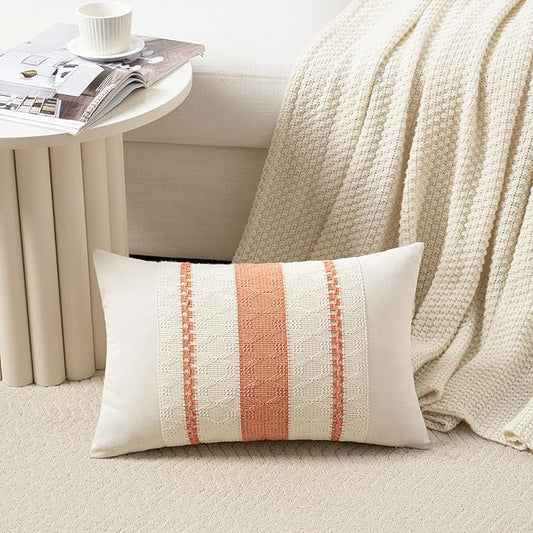 Fancy Homi Set of 2 Boho Coral Long Lumbar Decorative Throw Pillow Cover 12x24 Inch for Couch Bed Sofa Chair, Modern Organic Farmhouse Home Decor, Soft Cotton Cute Accent Rectangle Cushion Case