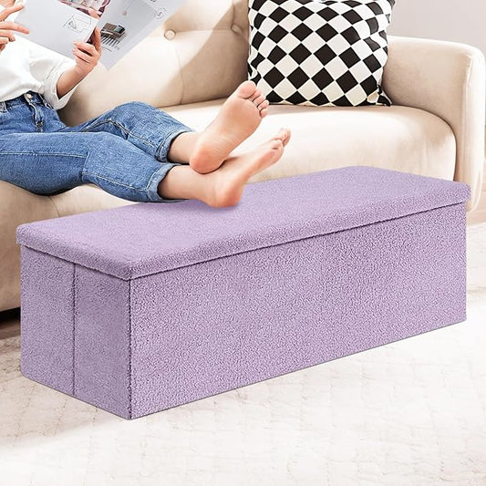 PINPLUS Folding Storage Ottoman Bench, Sherpa Ottoman with Storage, Large Long Shoes Bench Chest with Lid, Footrest for Living Room, Entryway, Purple 43'' x 15'' x 15''