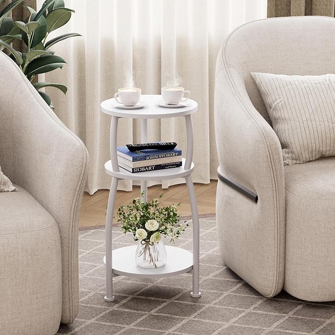Small Round Side Table, 3-Tier End Table with Storage Shelf, Slim Sofa Table Coffee Table, Sturdy & Easy Assemble Nightstand for Small Spaces, Living Room Bedroom Corner, White