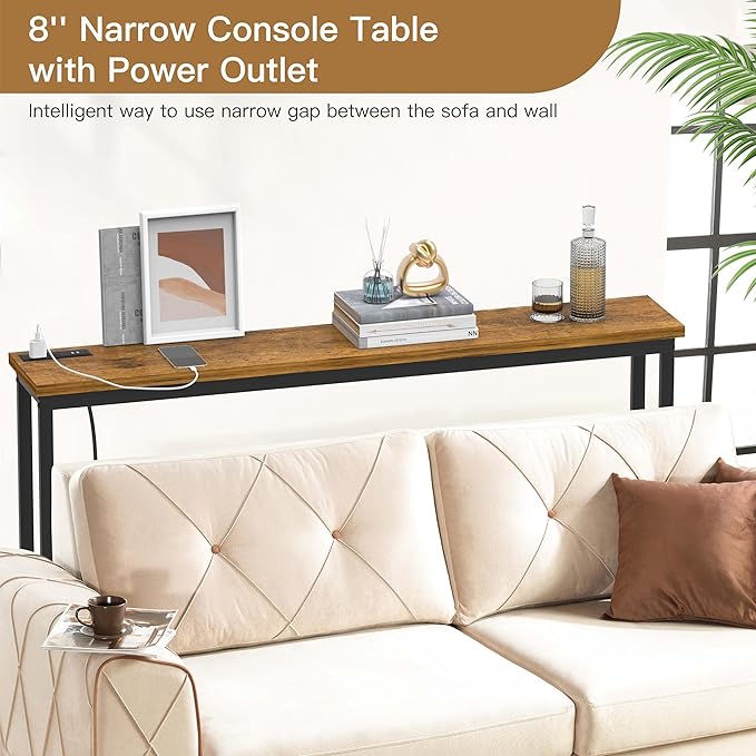35'' High Behind Couch Table, Narrow Console Table with Outlet, Sofa Table for Entryway Hallway, Living Room, Brown
