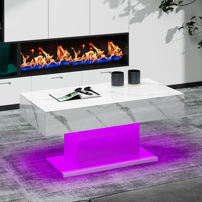 Led Coffee Table for Living Room, Living Room Table Rectangular Center Table, Modern High Glossy Wooden Coffee Tables with 16 Colors LED Lights for Dining Reception Room, White Marble