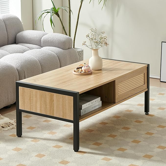 IANIYA 40.16" Boho Coffee Table, Rectangle Wooden Accent Center Tables, Living Room Table with Sliding PE Rattan & Solid Metal Legs for Living Room, Apartment Small Space (Natural/Black Metal)