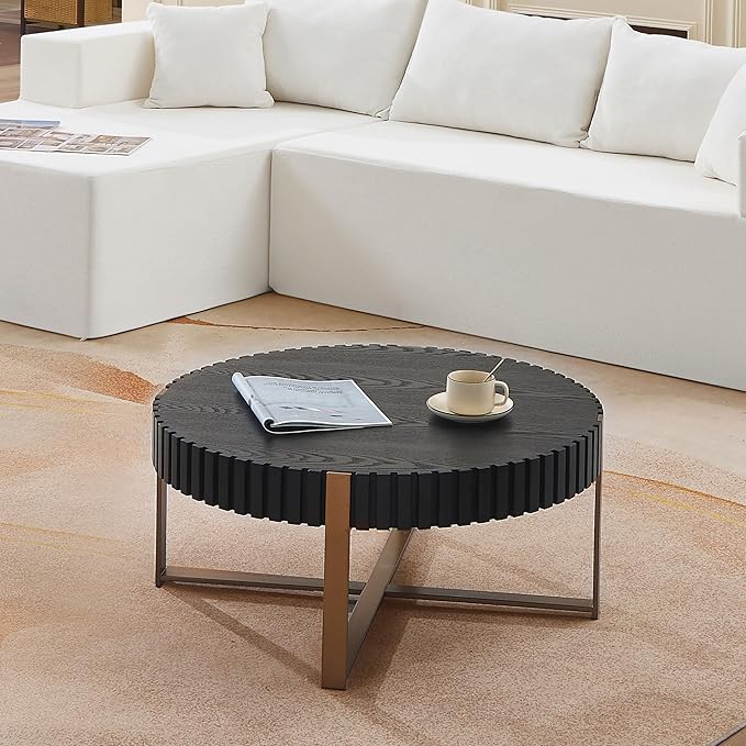 Black Round Coffee Table for Living Room, 31.5" Modern Handcraft Drum Coffee Table, Circle Wood Side Table End Table Accent Center Table, Small Coffee Table with Sturdy Pedestal, Black