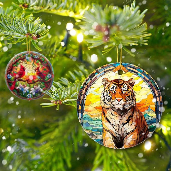 Christmas Tree Decorations Tiger Ornament, Colored Ceramic Christmas Tree Ornaments, Xmas Decorative Hanging Ornaments, Christmas Decor Indoor Home Holiday Party Gifts Tiger