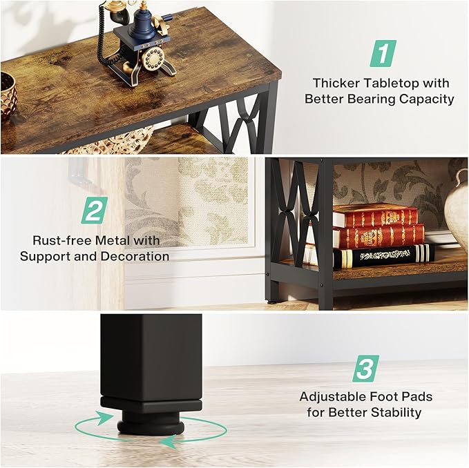 LITTLE TREE Console Table with Storage Shelves, 70.9" Industrial 3-Tier Sofa Table for Living Room, Long Foyer Table Entryway Table for Hallway, Front Door, Entrance, Rustic Brown & Black