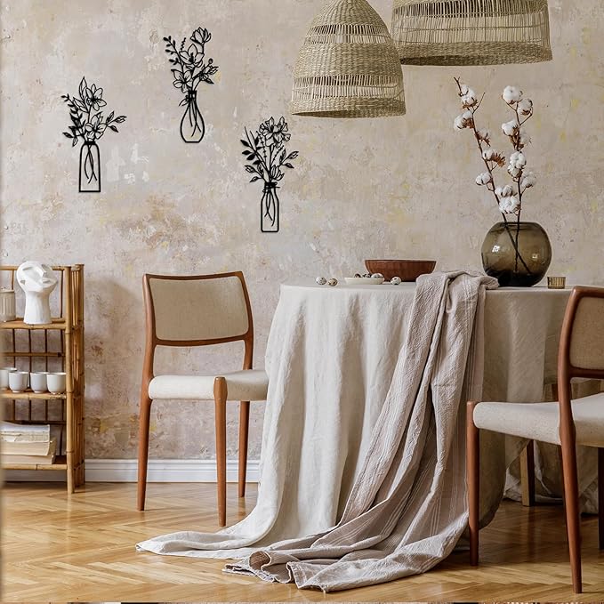 ARTINME 3 Pieces Metal Flowers Wall Arts - Rustic Farmhouse Decor Minimalist Flower Wall Decors for Living room Bathroom Kitchen Bedroom Dining Room - Housewarming Gifts (Black)