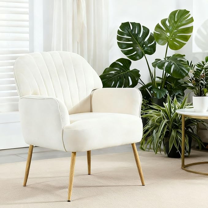 Velvet Accent Chair, Modern Upholstered Living Room Chairs, Luxury Single Sofa Armchair with Metal Legs, Comfy Barrel Chairs for Living Room, Bedroom, Waiting Room, Office and Cafe, Beige