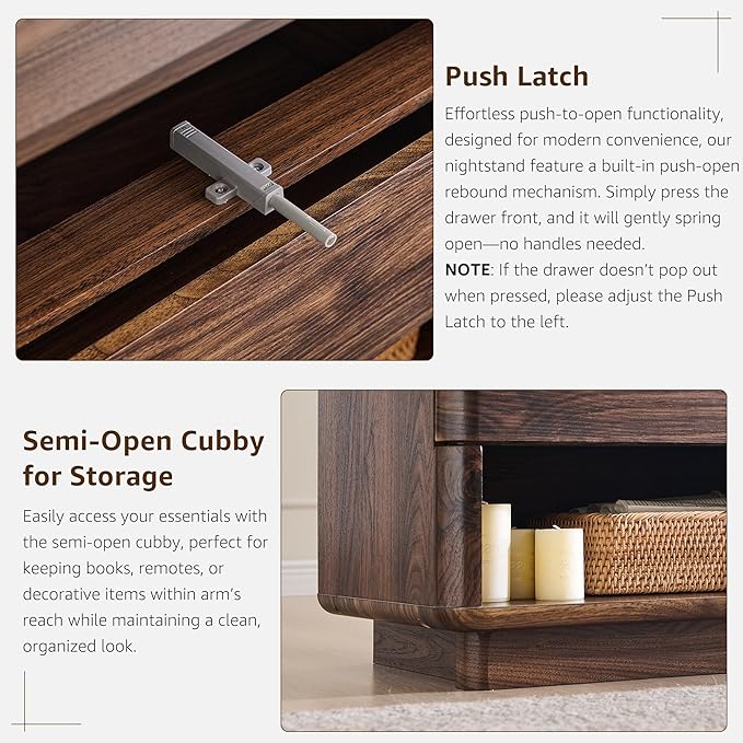 ACCOHOHO Nightstand with Charging Station, 22" Push-to-Open Bedside Table with 2 Storage Drawers, Large Modern End Table for Bedroom,Living Room,Brown