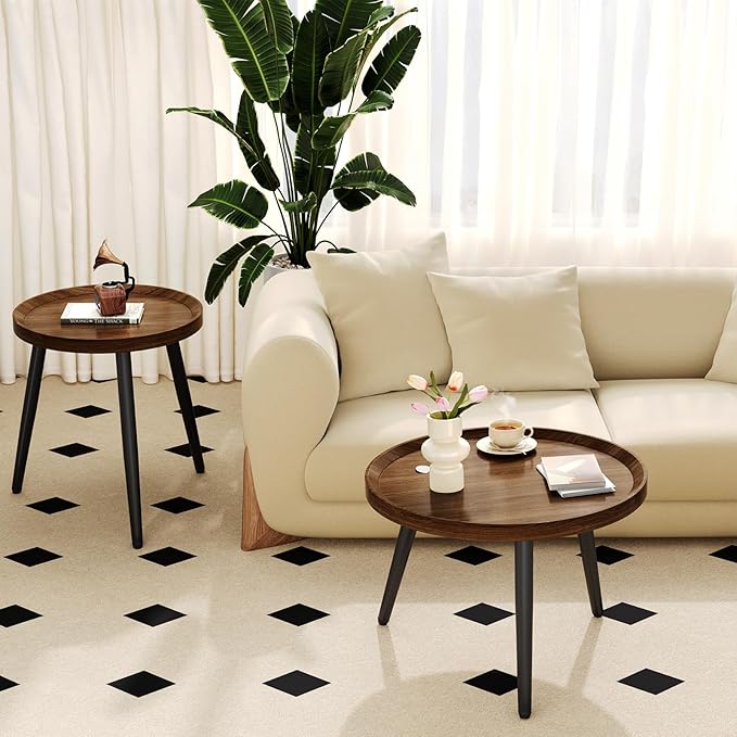 2 PCS Small Round Coffee Table Set, Mid Century Modern Coffee Tables for Living Room, Walnut Nesting Tables for Small Spaces, Easy Assembly Circle Wood Center Table,Black Nesting Coffee Table Set of 2