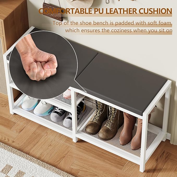 ZHOOGE Shoe Bench & Rack Storage Bench with Seat Cushion, Stable Entryway Bench Holds Up to 300 lb, (35" L x 12" W x 17" H, White)