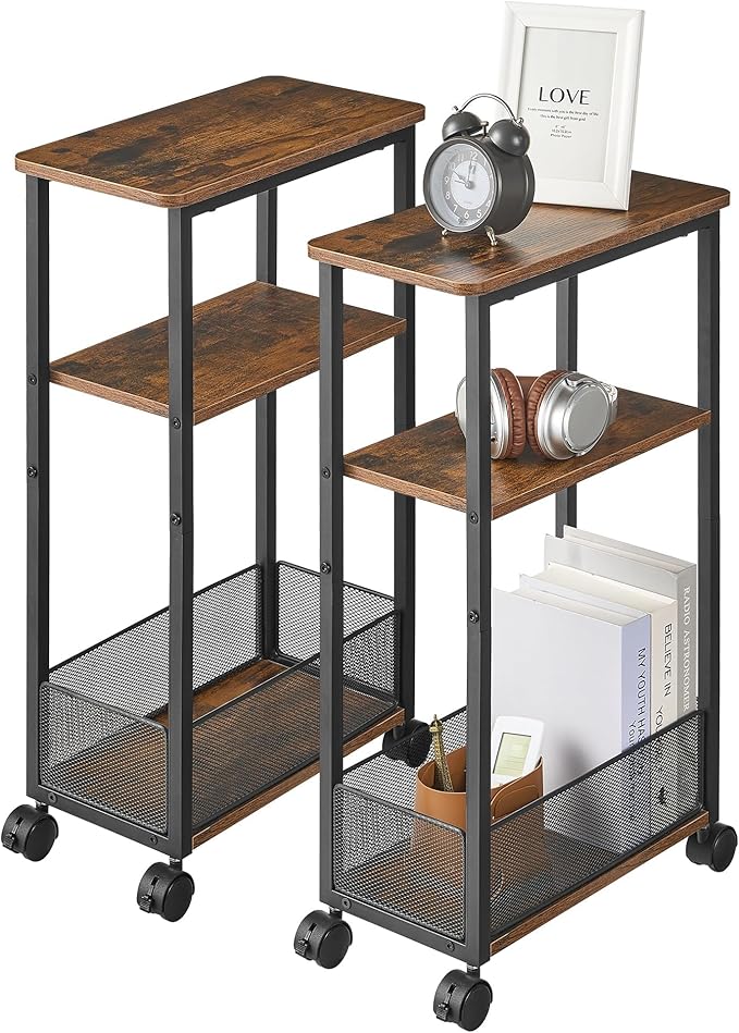 Side Table with Wheels of 2, Narrow Side Table with 3-Layer Storage Shelves, Slim Nightstand, Metal Frame, for Small Spaces, Living Room, Bedroom, 7.9" W x 15.7" D x 25.2" H, Rustic Brown