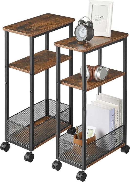 Side Table with Wheels of 2, Narrow Side Table with 3-Layer Storage Shelves, Slim Nightstand, Metal Frame, for Small Spaces, Living Room, Bedroom, 7.9" W x 15.7" D x 25.2" H, Rustic Brown
