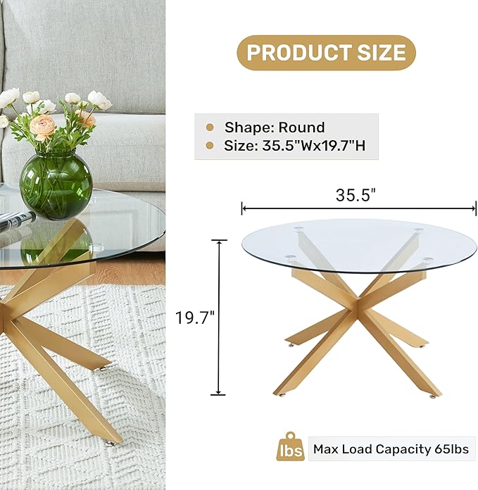 Round Glass Coffee Tables for Living Room, Home Office, Modern & Simple Center Table with Clear Tempered Glass Top, 35.5" Wx19.7 H Gold