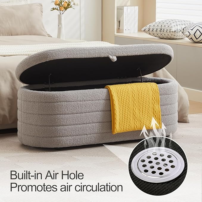 Storage Ottoman Bench End of Bed for Bedroom,45 inch Boucle Upholstered Entryway Shoe Seat Bench w/ Storage,Sherpa Modern Cute Padded Blanket Chest Stool Foot Rest for Living Room,Window Seating, Grey