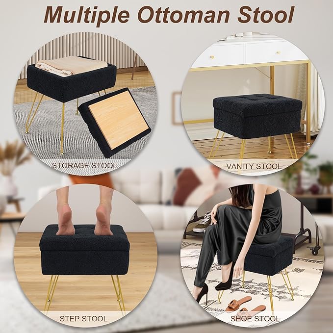 Vanity Chair with Storage, 15.7" L x 11.8" W x 17.7" H Teddy Velvet Vanity Stool with Coffee Table and Metal Legs, Multifunctional Makeup Stool for Vanity, Bedroom, and Living Room, Black