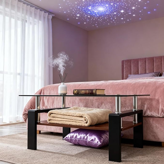 Coffee Table for Living Room, Modern Rectangle Tempered Glass Center Table with MDF Storage Shelf, 220lbs Load-Bearing for Small Space, Apartment, Office (Gray + Black + Tempered Glass)