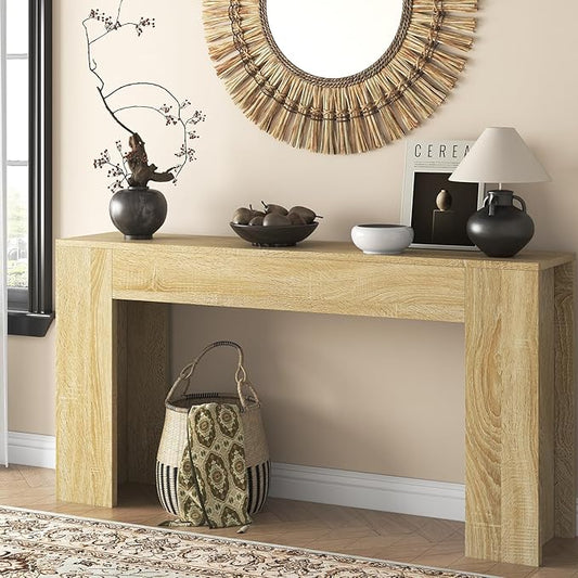 63-Inch Long Console Table with LED Light, Farmhouse Sofa Table Behind Couch, Wooden Console Table for Entryway Hallway Entrance Living Room, Nature