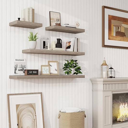 16in Floating Shelves for Wall, 16"W x 9.25"D x 1.25"H, 2 Pack Long Wall Mounted Engineered Wood Shelves with Invisible Brackets for Living Room, Bedroom, Bathroom, Kitchen Decor and Storage, Grey