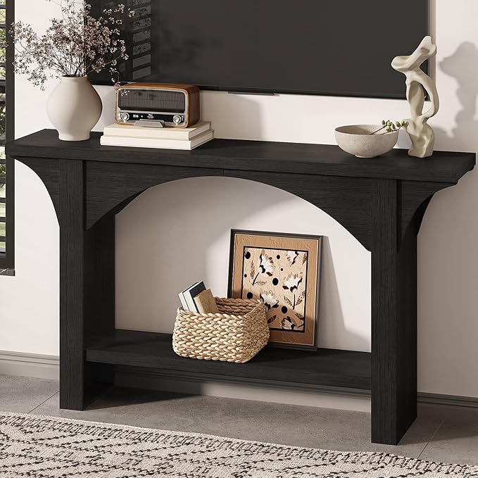 55 Inches Console Table,2 Tier Farmhouse Entryway Table,Narrow Wood Accent Tables with Storage Shelves for Living Room,Entrance,Hallway,Foyer (Black)