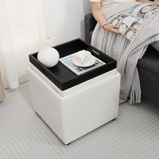 Adeco 17" White Storage Ottoman Cube with Tray Lid, Small Footstool with Storage, Square End Table for Living Room & Bedroom