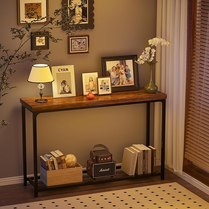 Console Table, Entryway Table, Sofa Table with Mesh Shelves, Console Tables for Living Room, Bedroom, Hallway, Entryway, Foyer (2 Tier, Rustic Brown, 47 inch)