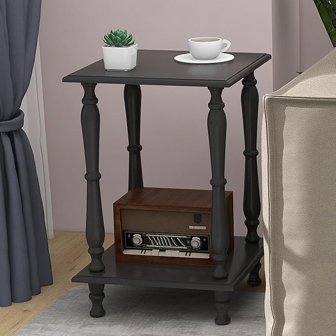 TaoHFE Square Black French Style End Side Table with Open Shelf Retro Vintage 2-Tier Bedside Table for Living Room Small Space