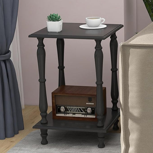 TaoHFE Square Black French Style End Side Table with Open Shelf Retro Vintage 2-Tier Bedside Table for Living Room Small Space