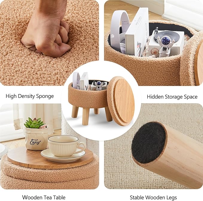 Wimarsbon Storage Ottoman, Modern Round Footrest with Soft Padded Seat, Teddy Velvet Footstool with Wood Legs, Accent Small Table or Plant Stand for Hallway, Living Room (Champagne)