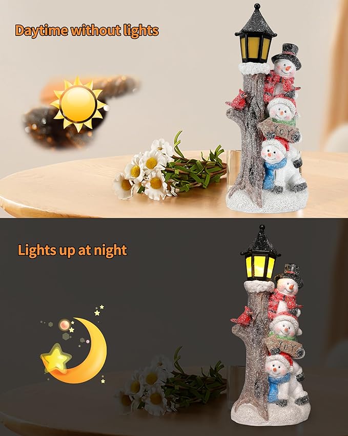 iStatue Lighted Stacked Snowman Tabletop Decor Figurine with Lamppost Lantern - 11.2'' Resin Cardinal Christmas Decorations Indoor - Unique Xmas Gift Idea (Joy Trio)