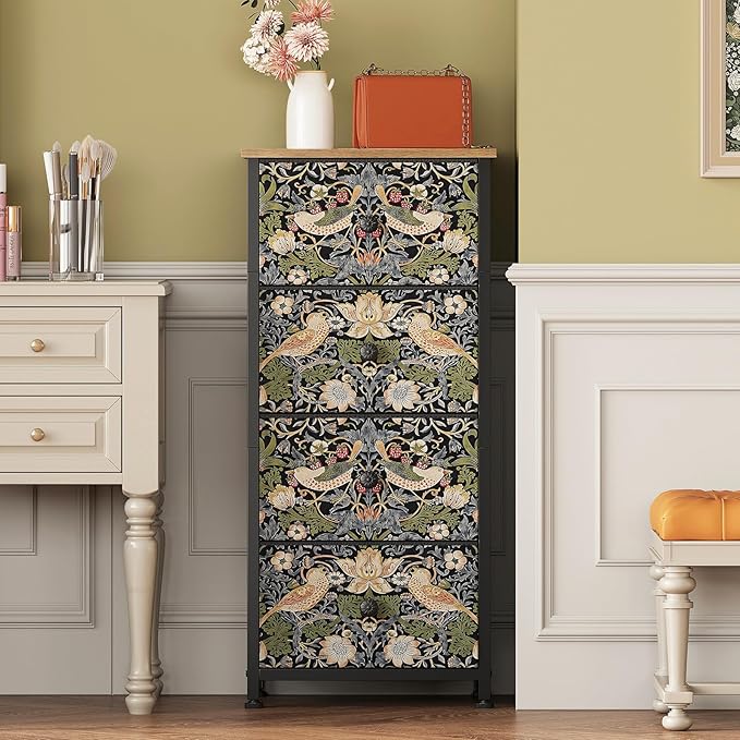 Dresser for Bedroom with 4 Drawer Strawberry Thief Dresser Vintage Storage Tower Unit Nightstand for Living Room Hallway Kids Room Closet Sturdy Steel Frame Wooden Top, Brown