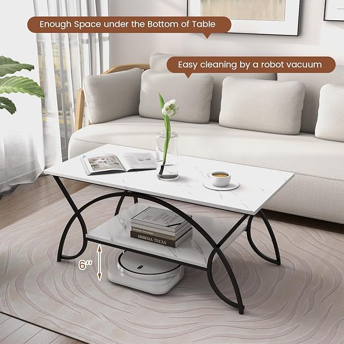 Giantex 2-Tier Rectangular Coffee Table, Faux Marble Table with Open Storage Shelf, Black Finished Metal Frame, Modern Center Table for Living Room, Reception Room (White+Black)