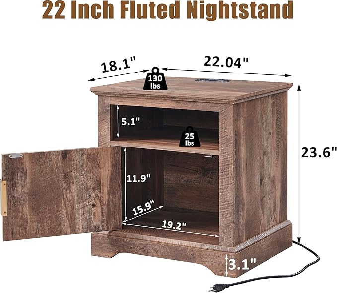 Fluted Nightstand Set of 2, 22" Large Modern Side Table with Charging Station, Wood End Table w/Open Shelf, Bedside Table with Storage Space for Bedroom, Living Room (Light Brown)