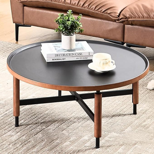 HEAH-YO 35" Round Coffee Table, Wood Tray Top Accent Table with Walnut Wrapped Metal Legs, Industrial & Farmhouse Nesting Tables for Living Room/Office Reception, Black