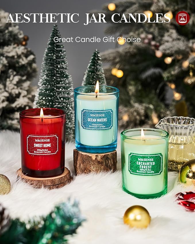 M&SENSE Cinnamon Apple Scented Candles, Classic Size 8.8 oz Glitter Jar Candles, Holiday Candles Gifts for Women, Strong Scented Natural Soy Candle For Winter Home Decor, 50 Hours Long Burning Candles